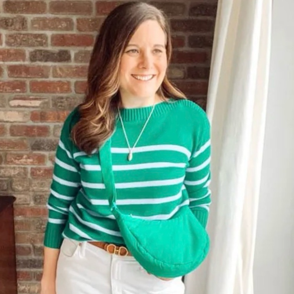 LOFT Green and Light Blue Striped Crewneck Sweater